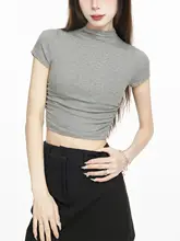 セクシーなフリル付きハイネックショートTシャツ【柔らかい雰囲気・夏用・半袖】