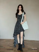 黒いリネンの長袖フラワープリントワンピース【ハイネック・ラッフルデザイン】