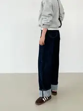 高腰の赤耳加絨デニムパンツ【女性用・秋冬・ゆったりストレート】（セットアップ対応）