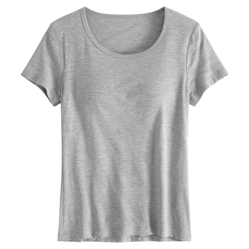 女性用   白色 胸パッド付き短袖Tシャツ【薄手・柔らかい素材・夏用・ホームウェア】