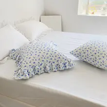 ブルーローズデザインのフリルクッションカバー【全棉・ロマンティック・レトロ】