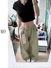 高身長向け カーキ色のウエストゴムパンツ【ハイウエスト・ワイドレッグ・スリム効果】