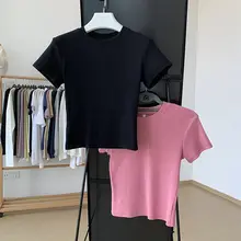 シンプルで合わせやすい黒のリブ編みショルダー短袖Tシャツ【女性用・タイトフィット・ハイウエスト】