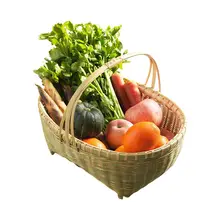 自然派デザイン！竹製の通気性がある果物＆野菜用バスケット【持ち手付き・ピクニック用】