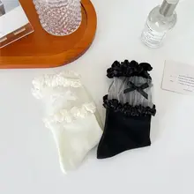 白色の夏用薄手中筒ソックス【リボン付き・フリルデザイン・ロリータスタイル】