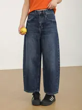 復古デザインの水洗いデニムポケット付き笑顔刺繍ロールアップバギーパンツ（セットアップ対応）