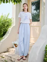 デザイン性のある青色ランタンパンツ【ハイウエスト・スリム効果・フィット】