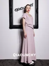 QIAOUNCHY フィッシュテールニットマキシスカート【ピンク・VネックTシャツ付き・春夏用】