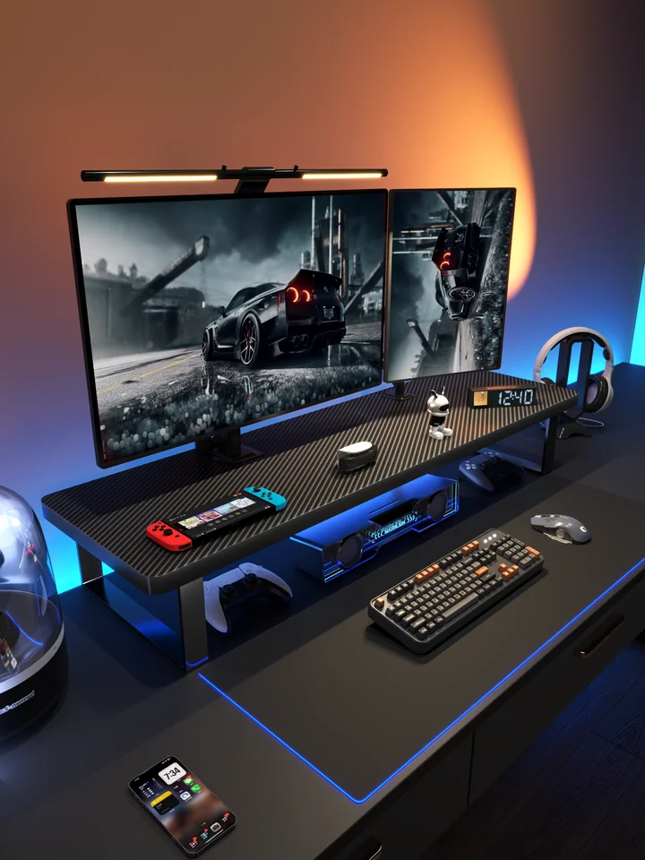 デスクトップPC用 モニター昇降スタンド【カーボンファイバー・収納機能付き・ノートパソコン用】