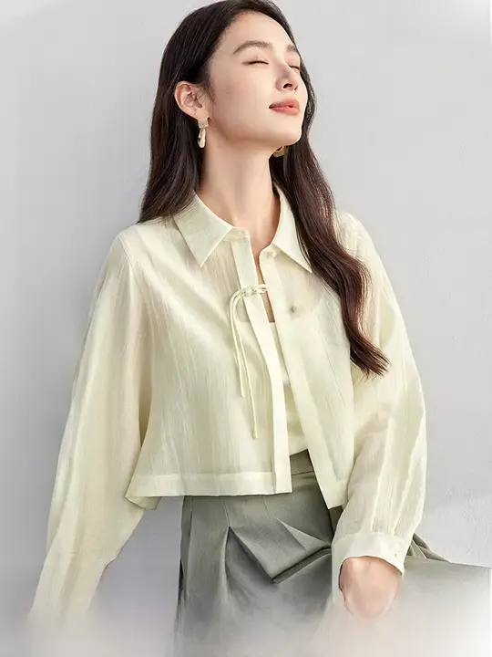 春に最適！天絲素材の短丈シャツ【女性用・襟付き・長袖・サイズ対応】（セットアップ対応）