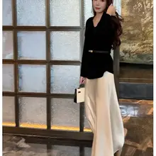 秋の新作エレガントなVネック長袖ブラウス【ルーズフィット・ウエストベルト付き】とスカート（セットアップ対応）