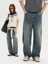 デニムパンツ ユニセックス グラフィティ ぼかし デコンストラクション ワイド カーブドヘム アメリカンスタイル ストリート 着回し 「bosie」