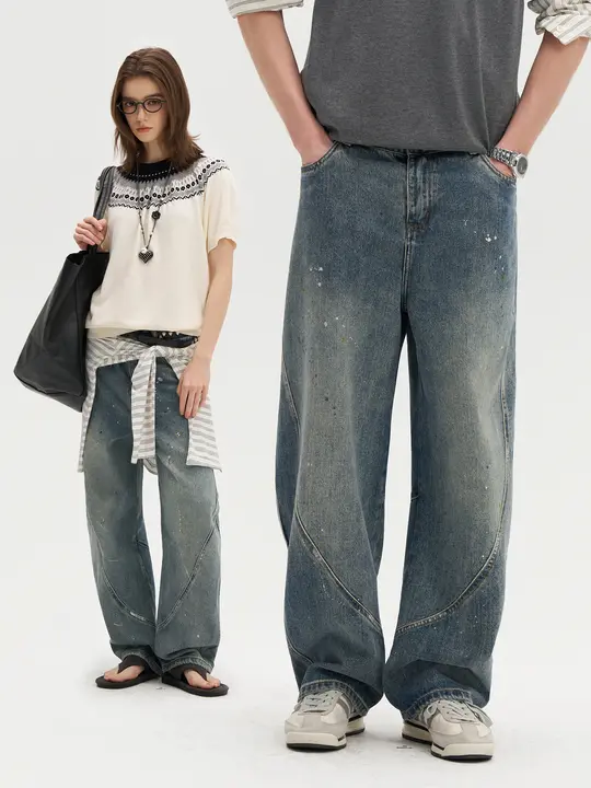 デニムパンツ ユニセックス グラフィティ ぼかし デコンストラクション ワイド カーブドヘム アメリカンスタイル ストリート 着回し 「bosie」