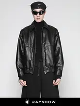 RAYSHOW ヴィンテージ風 ライチパターン ワイドフィット ショートレザージャケット