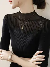 ハイネックレースメッシュ長袖ニットトップス【秋用・女性用・上品デザイン】