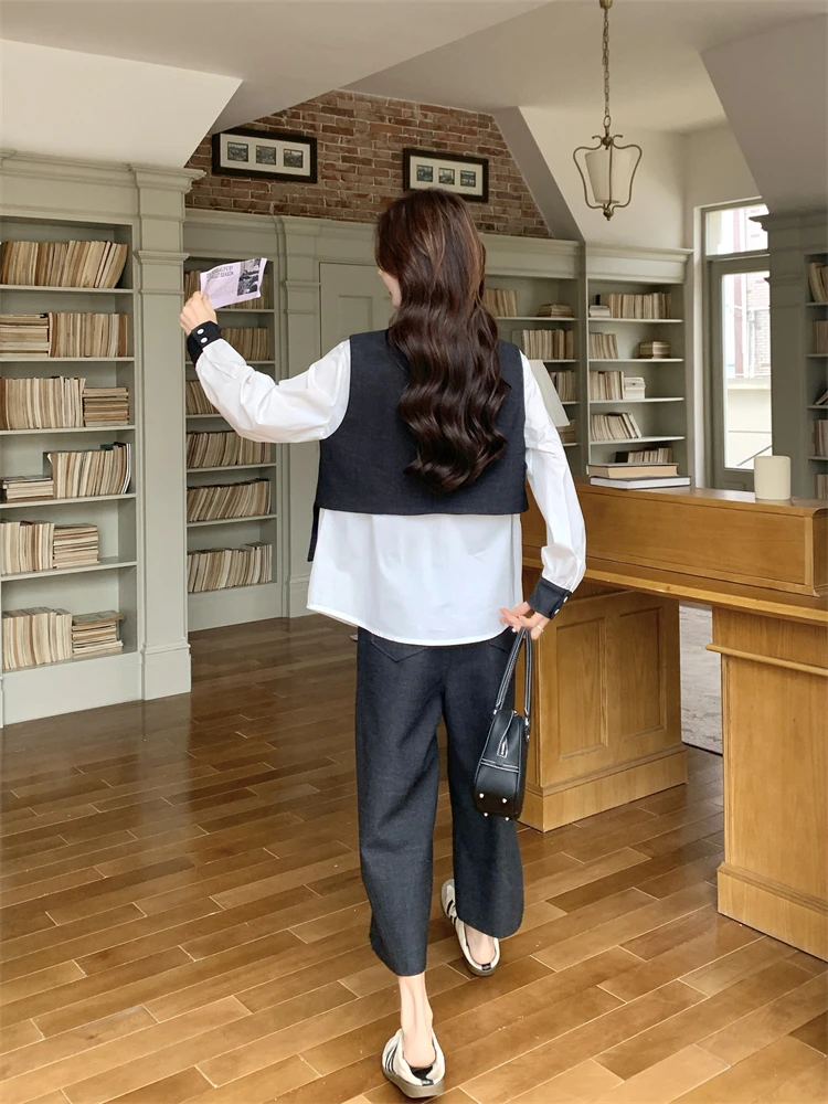 韓国風の学院スタイルベストとシャツ、ワイドパンツの春秋コーディネート（セットアップ対応）