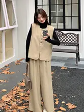 カーキ色の感ある秋の女性向けコーディネート【クラシックデザイン・ヴィンテージ風ベスト・ワイドパンツ】（セットアップ対応）
