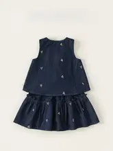 夏用レトロ個性的な子供用デニムセット【リボン付きタンクトップ・刺繍Aラインスカート】（セットアップ対応）