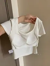 白色のショルダーTシャツ【女性用・ショート丈・カップ付き・ワイドカラー】