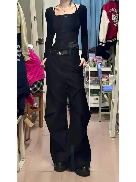 高身長者向け 黒のプリーツ ワイドパンツ【アメリカンスタイル・デザイン】