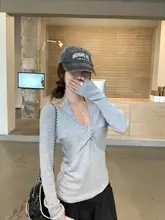 ピンクのVネックニットトップス【ハングデザイン・女性用・春用】（セットアップ対応）
