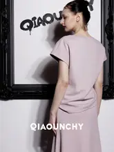 QIAOUNCHY フィッシュテールニットマキシスカート【ピンク・VネックTシャツ付き・春夏用】