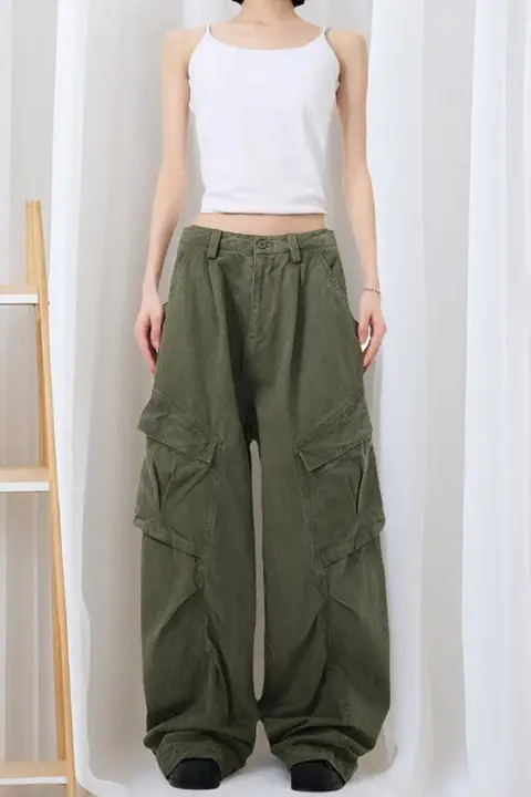 ユニセックス復古風デザインワークパンツ【ゆったりシルエット・ストレート・皺加工】
