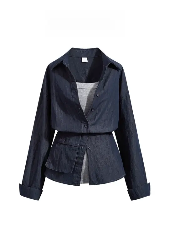 気品溢れる長袖シャツジャケット【秋の韓国スタイル・重ね着対応・キャミソール付き】（セットアップ対応）