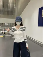 ストライプ柄 薄手ニットポロシャツ【レディース・長袖・スリムフィット】（セットアップ対応）