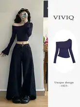 斜めネックの肩出し不規則デザイン長袖Tシャツ【女性用・短丈・極上の柔らかさ】