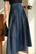 青いデニムのハイウエストAラインスカート【クラシックデザイン・ロング・プリーツ】