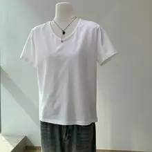 白色Vネック ショートスリーブTシャツ【レディース・夏用・ベーシック】