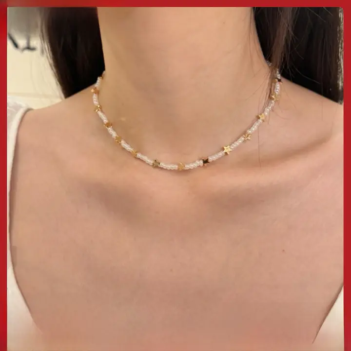 星型デザイン ゴールドパールチョーカーネックレス【夏用・女性向け】