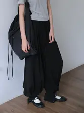 夏用の涼感アイスシルクコットン羊腿パンツ【ボタン開き・スリットデザイン・ブラック・テーパード】