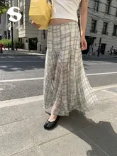 不規則なフィッシュテールスカート【チェック柄・シフォンスカート・リゾートスタイル・ロングスカート】