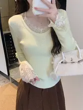 独特なレース切替のニットトップス【秋冬用・女性・フィット感・上品デザイン】