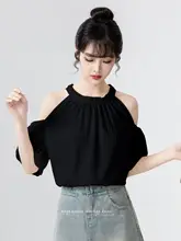 黒いオフショルダーのハイネック半袖シャツ【デザイン性抜群・リボン付き・パフスリーブ】