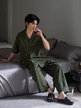 夏用 メンズルームウェア【薄手・半袖・長パンツ・純綿・リトロチェック柄・カーディガン風・外出可能】（セットアップ対応）