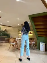 ハイウエストデニムパンツ【ストレート・9分丈・女性用・スリムフィット・伸縮性あり】