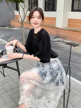 黒のTシャツワンピースとシースルーのスカート【夏の重ね着スタイル・女性用】（セットアップ対応）