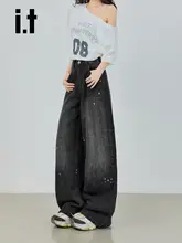 レトロなペイントデザインのワイドレッグデニムパンツ【ハイウエスト・ゆったりシルエット・ストレート】