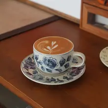 景徳鎮製 レトロデザイン 山茶花のカラフルラテカップ【中国風・コーヒー用】