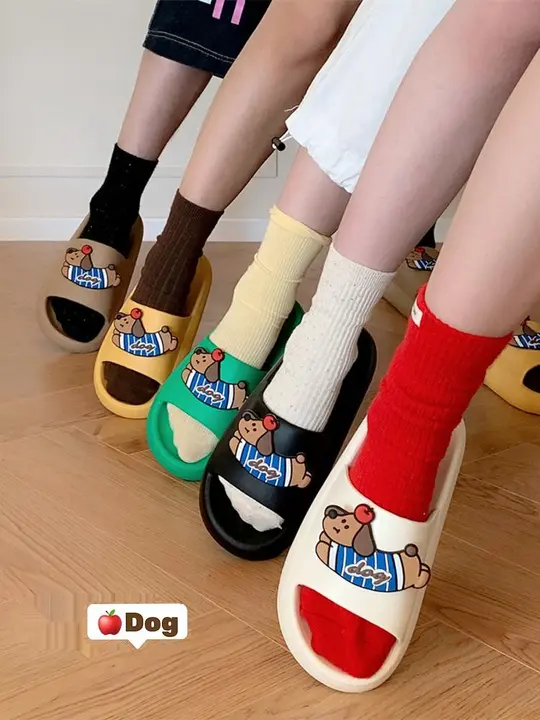 カートゥーンデザインのカップル向け夏用サンダル【防臭・アップルと犬のイラスト】