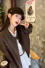 秋季用 バイクジャケット【ブラウン・レトロスタイル・ショート・PUレザー・立ち襟】