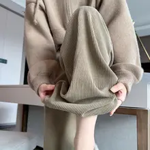 カーキ色 コーデュロイワイドパンツ【高腰・ゆったりシルエット・カジュアル】（セットアップ対応）