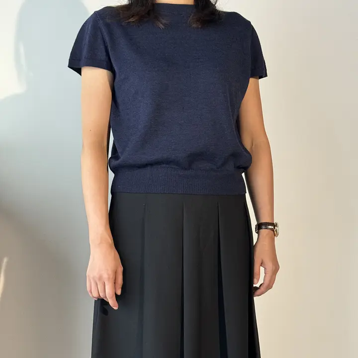 ドイツ製 アセテートリネンウールニット ラウンドネック半袖Tシャツ【レディース・ベーシックデザイン】