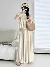 抗皱コットンリネンのハイウエストAラインスカート【柔らかな杏色・大きなフレア・足首丈・春の古 風スタイル】