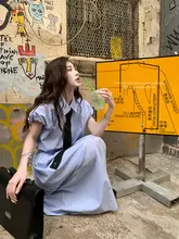 学院風のブルータイシャツとフレアスカート【女性用・高級感・フルスリーブ】（セットアップ対応）