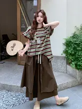 おしゃれな夏用トップス＆スカートパンツ【色合いストライプ・立体花柄・短袖・デザイン性】（セットアップ対応）