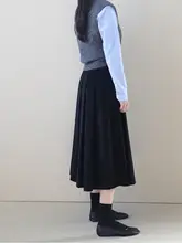 春秋用 コーデュロイ プリーツハイウエストスカート【フレア・ミドル丈】